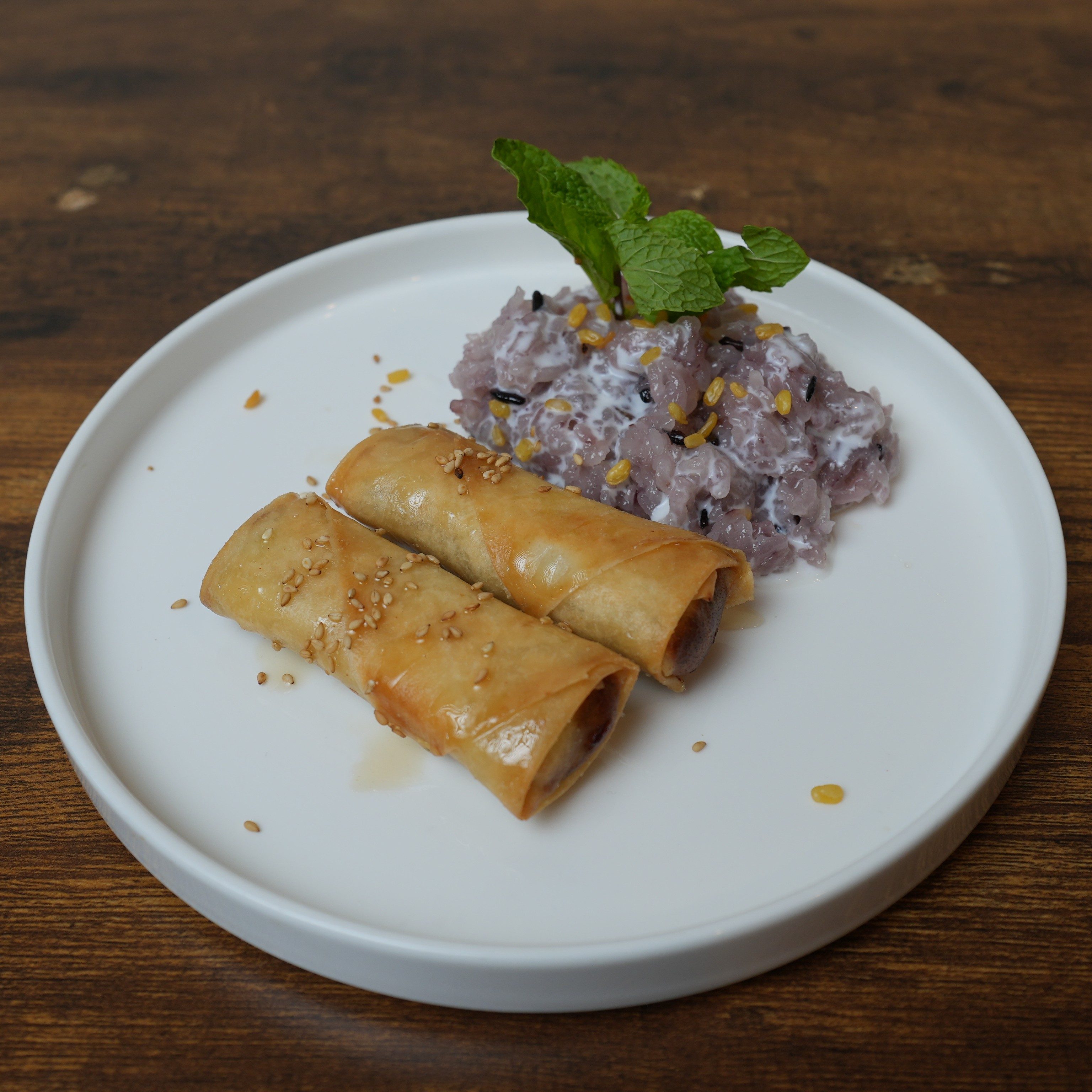 Fried Banana Rolls with Coconut Sticky Rice.